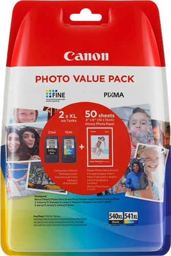 Canon PG540L Negro + CL541XL Color Pack de 2 Cartuchos de Tinta Originales - 50 Hojas de Papel Fotografico - 5222B014