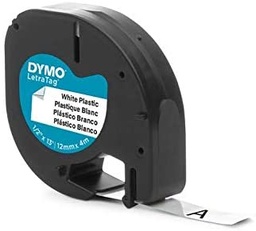 [S0721660] Dymo LetraTag S0721610/S0721660 Cinta de Etiquetas Original para Rotuladora - Texto negro sobre fondo blanco - Ancho 12mm x 4 metros (91201/91221)