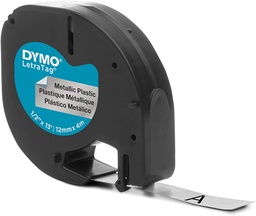 [S0721730] Dymo LetraTag S0721730 Cinta de Etiquetas Original para Rotuladora - Texto negro sobre fondo metalico - Ancho 12mm x 4 metros (91208)