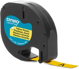[S0721620] Dymo LetraTag S0721620 Cinta de Etiquetas Original para Rotuladora - Texto negro sobre fondo amarillo - Ancho 12mm x 4 metros (91202)